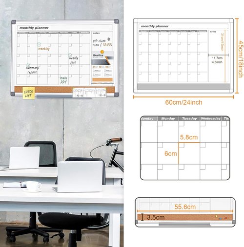 MAKELLO Dry Erase Calendar - 24" x 18" Wall Whiteboard with Cork Board for Home, Office & School