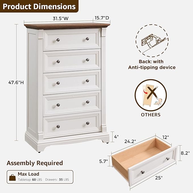 T4TREAM Farmhouse 5 Drawer Dresser for Bedroom, 47" Tall Wood Dresser with Ample Storage Space and Rustic Charm, Antique White