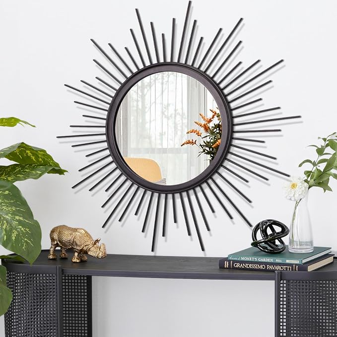 Sunburst Wall Mirror, Black Large Spoked Wall Decor Mirror Bohemian Home Round Modern Metal Wall Art Mirror for Living Room Hallway Bedroom Bathroom 24" x 24"