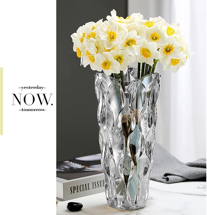 9.85" High Gray Glass Flower Vase for Home Decor, Dining Wedding Table Office Holiday Party Centerpiece Decoration