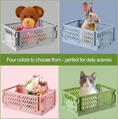 HUUSMOT Small Pastel Plastic Storage Baskets - 4-Pack Collapsible Crates for Organizing | Space-Saving Mini Bins (9.8" x 6.5" x 3.8")