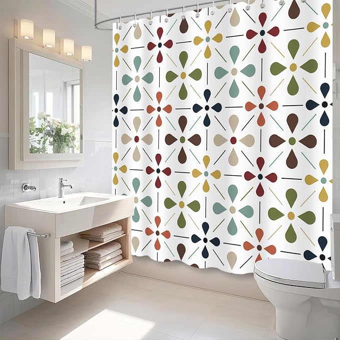 APROPHIC Mid Century Retro Shower Curtain 72x72 Inches, Vintage Geometric Pattern Bathroom Curtain with Hooks, Waterproof Polyester Fabric for Bath Shower, Machine Washable Home Decor for Bath, White