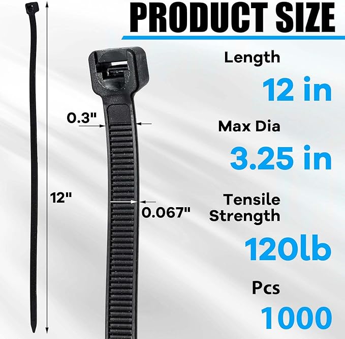Reallnaive 1000 Pcs 12 Inch Zip Ties Heavy Duty 120 Lbs Tensile Strength Black Nylon Wire Cable Ties for Indoor Outdoor