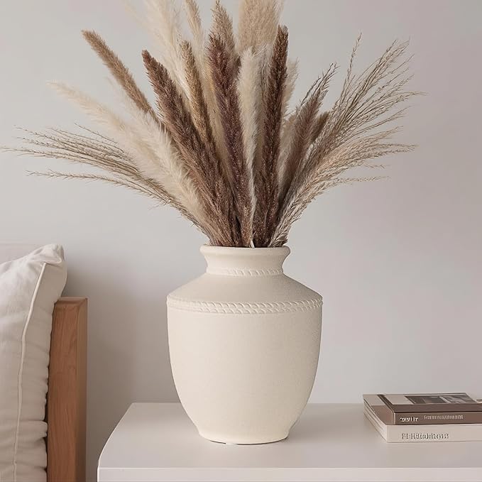 Farmhouse Ceramic Vase for Living Room Bedroom White 7.45'' Flower Bouquet Vase for Fake Plant Home Decor Office Fireplace Centerpieces Rustic Retro Vintage Modern Gift Decoration