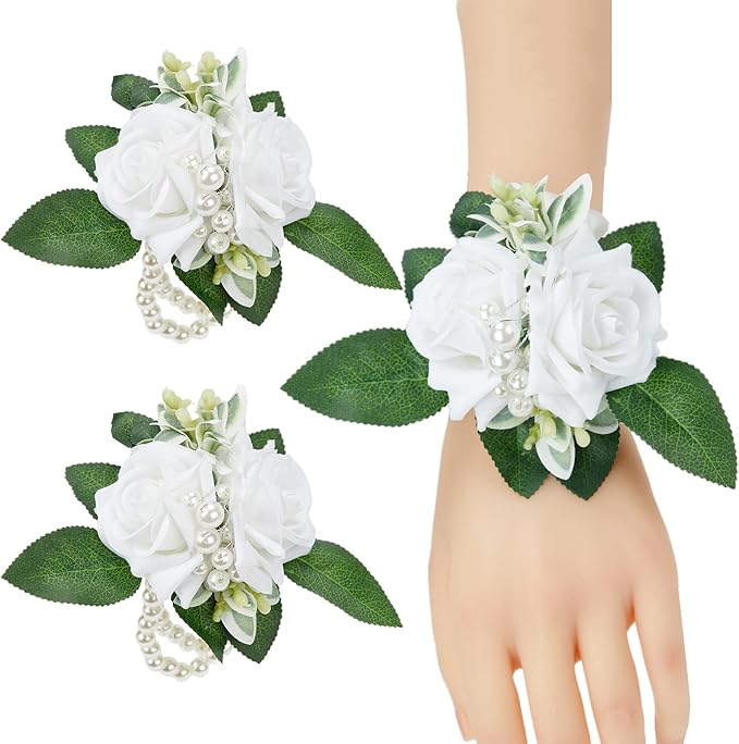 Meldel White Wrist Corsage for Prom, Set of 2, Iovry Wrist Flower for Bride Bridal Bridesmaid Mother Rustic Fall Wedding Party, Rose Hand Flower for Girl Homecoming Ceremony