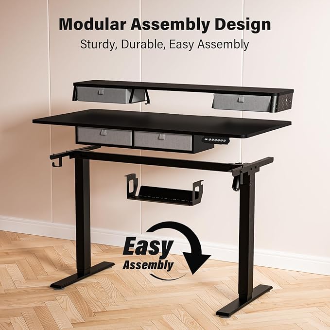 Electric Standing Desk with 4 Drawers 48''x 24'' Adjustable Height Sit to Stand Up Desk with Storage Shelf, C-Clamp Mount Compatible Black Home Office Desks Computer Gaming Table Ergonomic Workstation