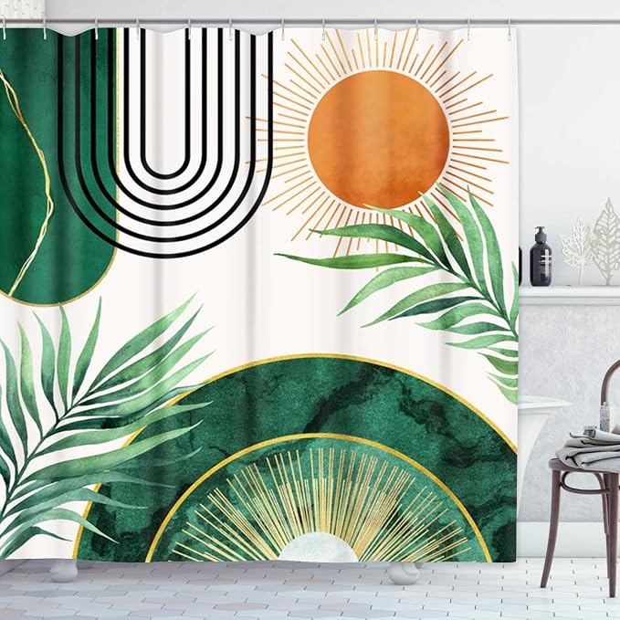 Emvency Shower Curtain Boho Leaves Minimalist Abstract Bohemian Mid Century Palm Botanical Modern Sun Green Bathroom Home Decor Waterproof Polyester Fabric 72 x 72 inches Set with Hooks