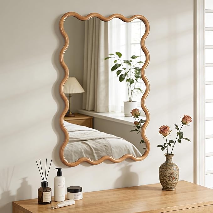 WallBeyond 28"x40" Large Wavy Wood Mirror, Natural Wood Boho Accent Wall Mirror with Solid Wooden Frame, Decorative Wall Mirror for Horizontal or Vertical Hanging in Bathroom or Living Space