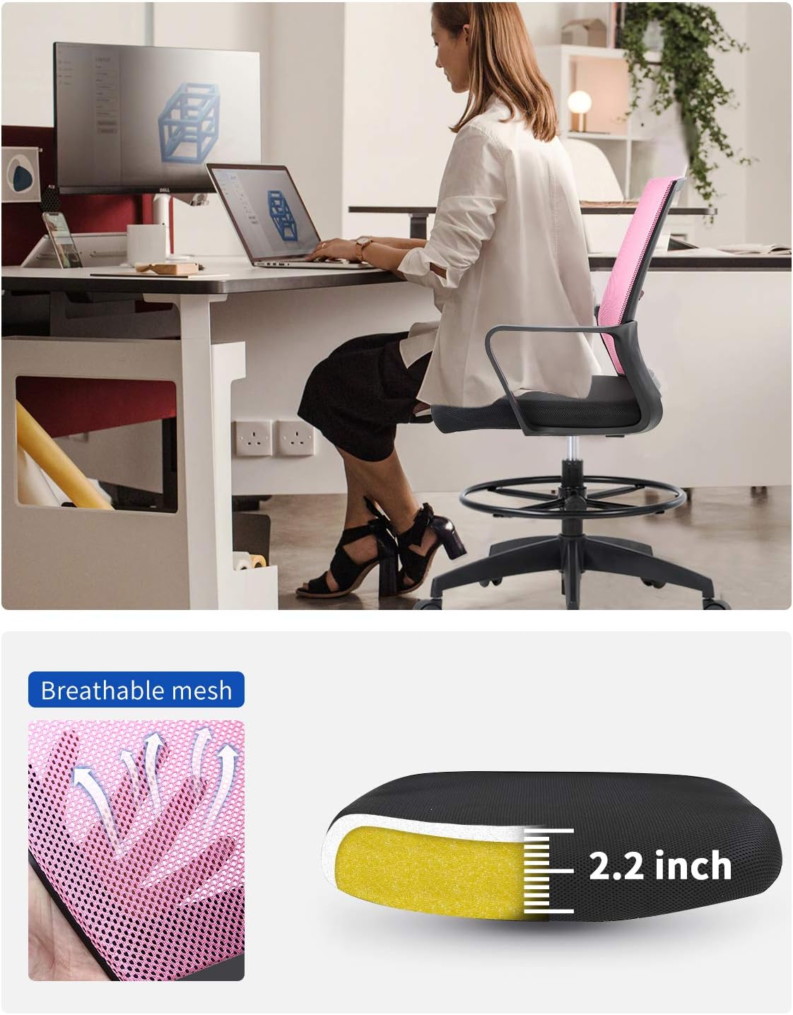Skiennix Drafting Chair - Adjustable Tall Office Chair with Lumbar Support & Footrest | Pink