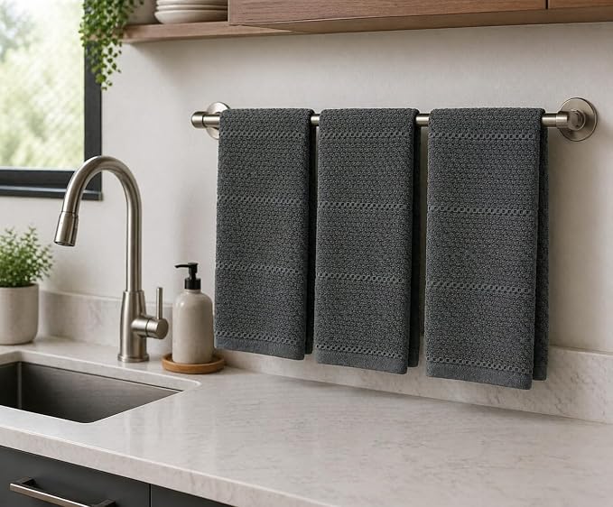 Serafina Home Dark Grey Gray Kitchen Hand Dish Towels: Oversized 28" x 18",100% Cotton Cloth Soft Cleaning Drying Absorbent Textured Design, Set of 3 Multipurpose for Everyday Use (Dark Grey)