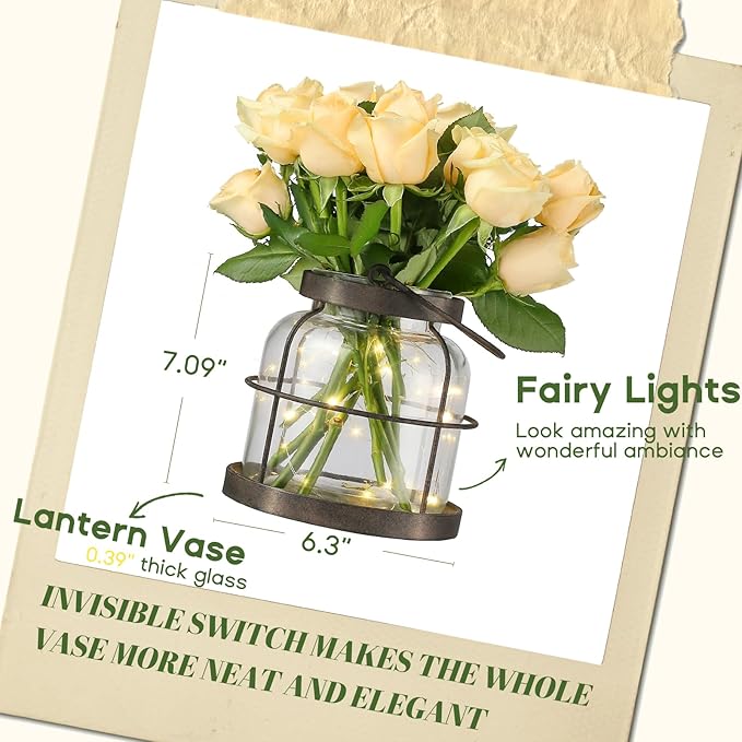 Vintage Farmhouse Lantern Decor with Hidden Switch Lid, LED Lighted Rustic Glass Vase for Floral Arrangements, Table Centerpiece Vintage Farmhouse Flower Vase-Metal Cage