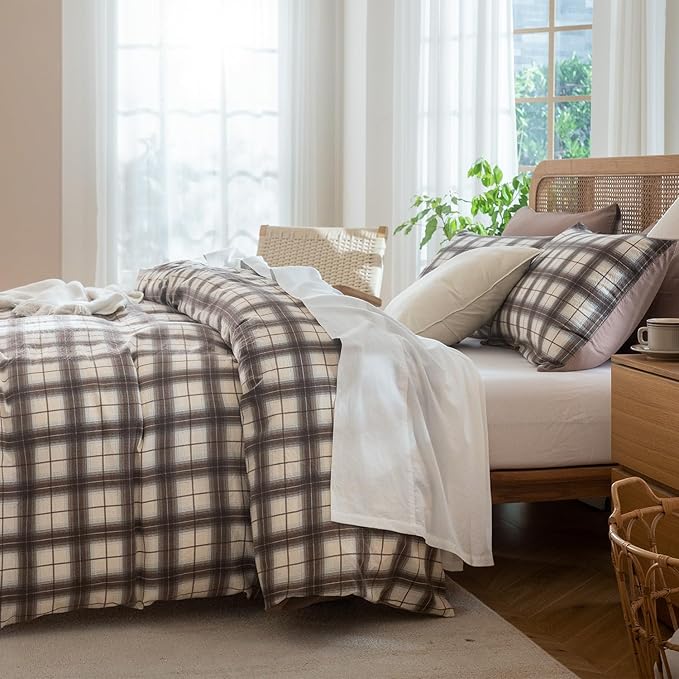 Comforter Set King Plaid 3 Pieces Soft Crinkle Gauze Fabric Plaid Bedding, Vintage Style Checkered Gingham Comforter Set for All Seasons Luxury Warmth Comfy Breathable with 2 Pillowcases