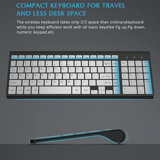 Wireless Keyboard Mouse, J JOYACCESS Sleek and Ergonomic 2.4G Wireless Keyboard and Mouse Set,Portable and Comfortable for Travel Compatible withComputer/Laptop/Windows/Mac-Black/Silver