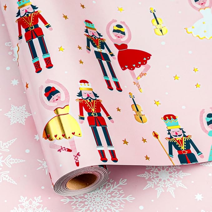MAYPLUSS Pink Christmas Wrapping Paper Roll - 17IN X 33FT - Christmas Nutcracker Gift Wrapping Paper Featuring Ballet Guitar Gold Star Reversible Snowflake for Kids, Holiday, New Year