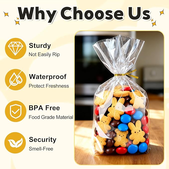 PigPotParty Cellophane Treat Bags 7"x10", 100 Pack Clear Goodie Bags, Bottom Gusset for Stand-Up Display, Small Plastic Gift Wrap for Cookies, Candy, Party Favors, Popcorn, Includes 100 Ties
