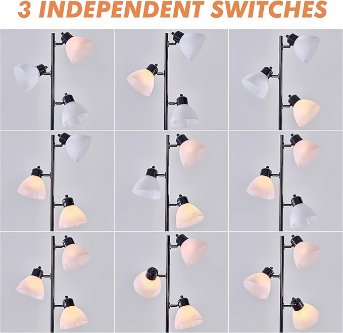 Modern Tree Floor Lamp for Living Room Bedroom, Tall Pole Standing Lamps with 3 Adjustable Rotating Heads for Office, Decor Corner, Reading Indoor, 3 Bright Lights LED Bulbs Included (Black)