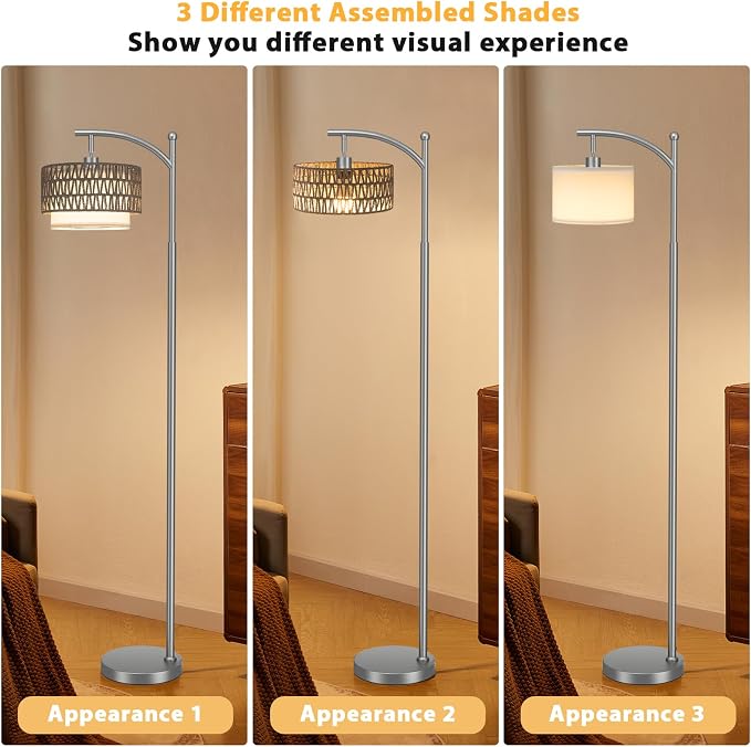 Ambimall Arc Floor Lamp for Living Room with Remote, Color Temperature & Brightness Adjustable, Boho Standing Lamp with Rattan & Fabric Double Drum Shades, Bulb Included(Deep Gray)