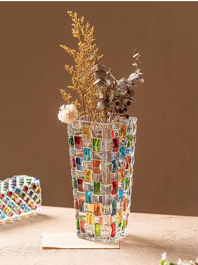 Magcolor Hand Painted Colorful Woven Glass Vase -Crystal Flower Vase- 7.7 inch, Glass Plant Vase for Floral Arrangements, Centerpieces, Weddings, Housewarming, Centerpiece Home Deco