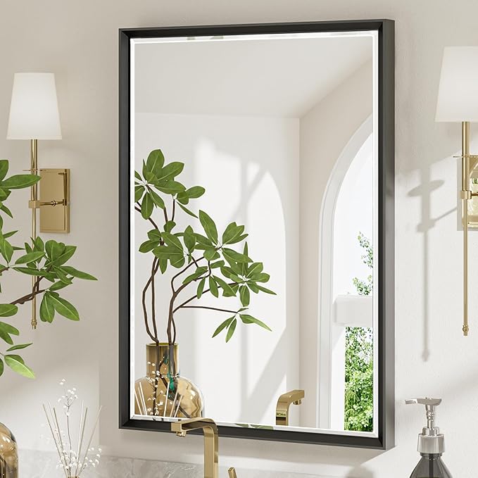 Black Framed Mirror for Bathroom, 22x30 Inch Black Rectangle Beveled Bathroom Vanity Mirror, Anti-Rust Matte Black Metal Frame Mirror for Wall, Vertical/Horizontal Wall-Mounted Mirrors