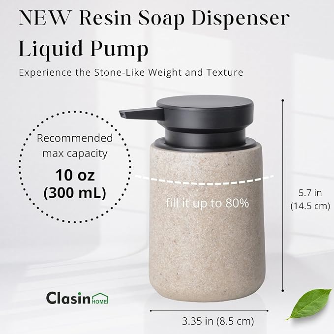 Clasin Home Liquid Soap Dispenser with Easy-to-Press Pump, 10 oz Refillable Hand Soap Dispenser with Extended Spout for Bathroom Kitchen Dish Lotion, Modern Stone Texture (Beige)