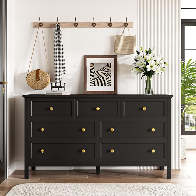 Black Dresser for Bedroom with Gold Handle Modern 7 Drawer Dresser, Wood Chest of Drawer Closet Clothes Storage Organizer for Living Room, Hallway, TV Stand, 55 Inch