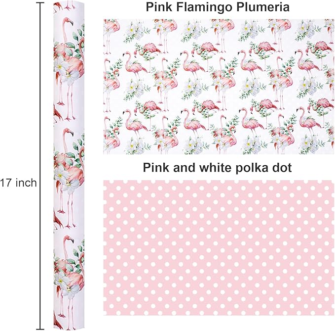 Burymento Reversible Pink Flamingo Plumeria Wrapping Paper Roll - Pink and white polka dot design on the other side, suitable for Valentine's Day, Birthday, Mother's Day, Wedding, Baby Shower