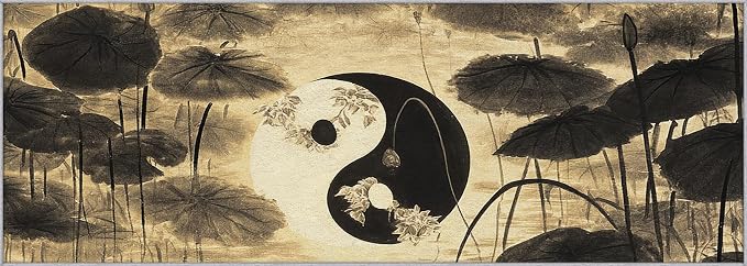 Yin Yang Lotus Leaf Runner Rug 4x10, Asian Yoga Design, Zen Spiritual Meditation Area Rug, Washable Non-Slip Floor Carpet Runner for Bedroom, Dining Room, Living Room Aisle