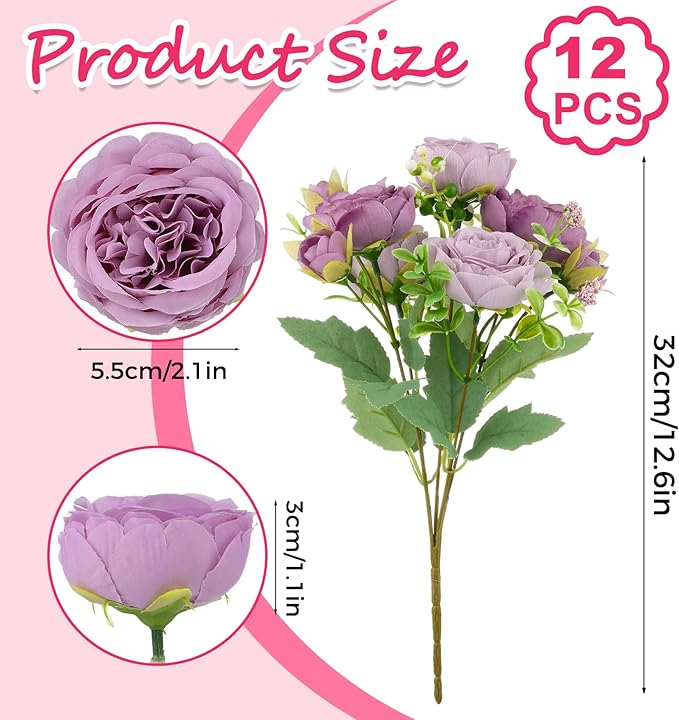Olgaa 12 Bundles Peonies Artificial Flowers Artificial Peonies Silk Flowers Bulk Fake Peony Bouquet for Bridal Shower Decorations Wedding Table Centerpiece (Purple)