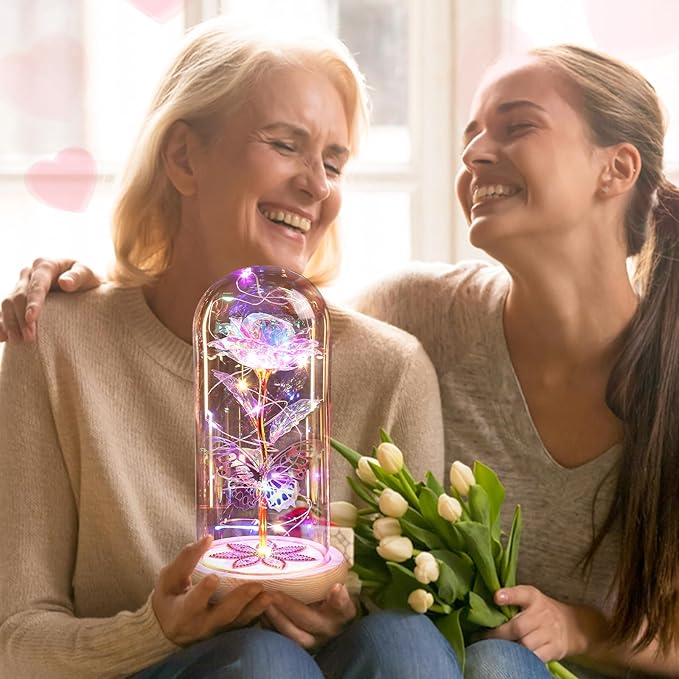 Beferr Christmas Birthday Gifts for Women, Mom Gifts for Christmas Galaxy Glass Rose Forever Preserved Flowers for Delivery Prime Rose in Glass Dome Xmas Gifts for Grandma Wife Sister Her, Rainbow