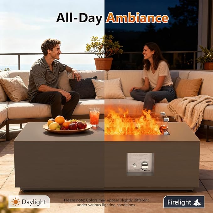 2-Piece 42" Rectangular Propane Fire Pit for Outside Patio with Hidden Tank Table, 50,000 BTU Fireplaces with Glass Wind Guard, Lid, Glass Rocks, Cover(Sand Beige)