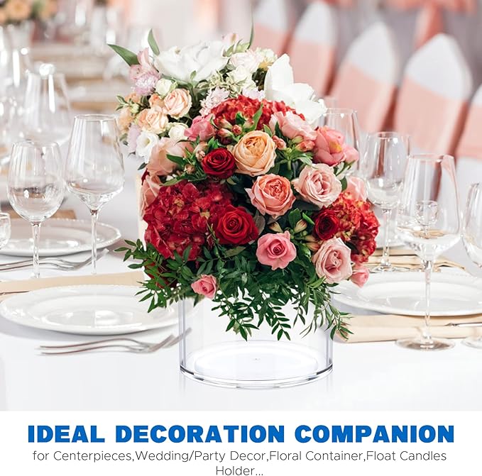 JYPS Flower Clear Vase Centerpiece for Home 1-Set of 2 Sizes, Wedding Party, Plastic Clear Cylinder Wide Vase for Flowers, Decorative Wide Mouth Vase for Decor, Centerpieces, Large Clear Container