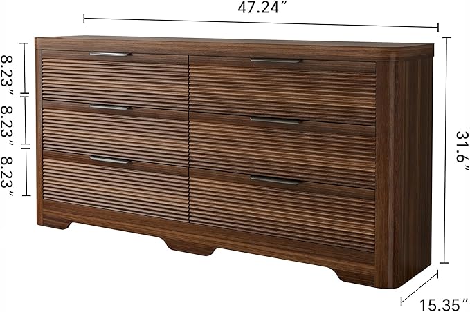 FUSUNBAO Fluted 6 Drawer Dresser, Modern Wood Dresser for Bedroom,TV Stand,Thickened Curved Profile Design,Bedroom,Entryway,Wood Drawer Organizer (Dark Walnut)
