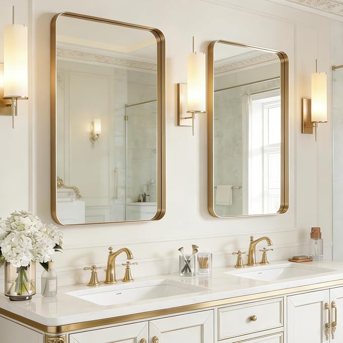 USHOWER Gold Bathroom Mirrors 24"x36" 2 Pack, Brushed Champagne Gold Rectangle Mirrors for Over Sink, Aluminum Frame, Anti-Rust, Tempered Glass, Horizontal or Vertical Mounted