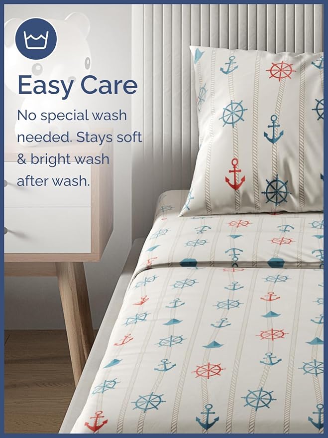 Kids Anchors Full 4 Piece Sheet Set - Boys, Girls, Teens, Toddler - Easy Fit Deep Pockets - Breathable, Hotel Quality Bedding Sheets - Machine Washable - Wrinkle Free - Cute, Cozy, Soft - CGK Linens