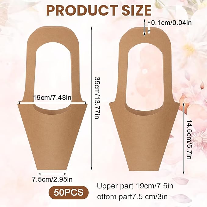 Yuanan 50 Pack Flower Bouquet Wrapping Paper Bags with Handles, Kraft Flower Bar Supplies for Weddings, Birthdays, Events-Flower Bouquet Holders for-Bouquet Bar