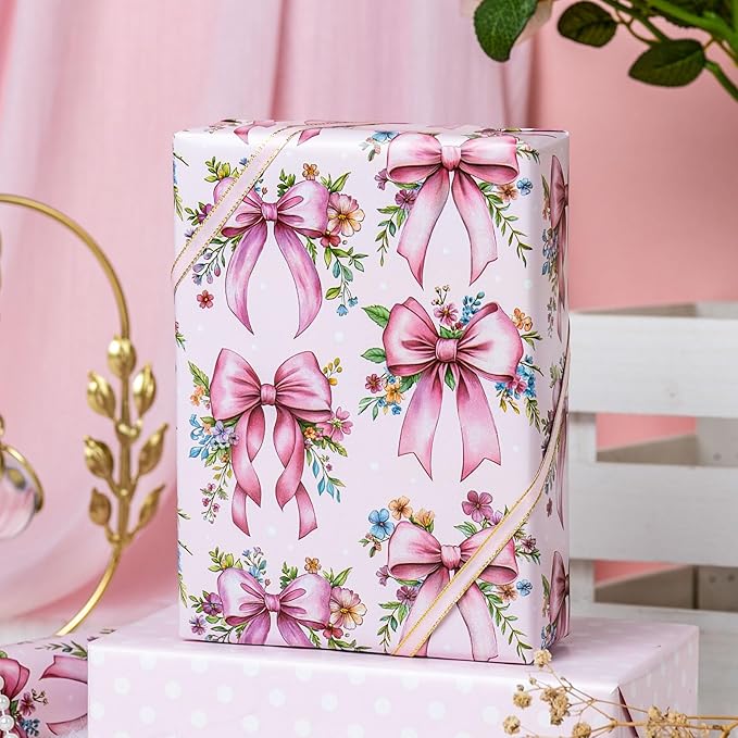 Burymento Pink Bow Flower Wrapping Paper, Reversible Wave Point Gift Wrap for Birthday, Valentines, Mothers day, Graduation, Wedding, Fathers day, Baby Shower, Christmas (17in x 16.4ft)
