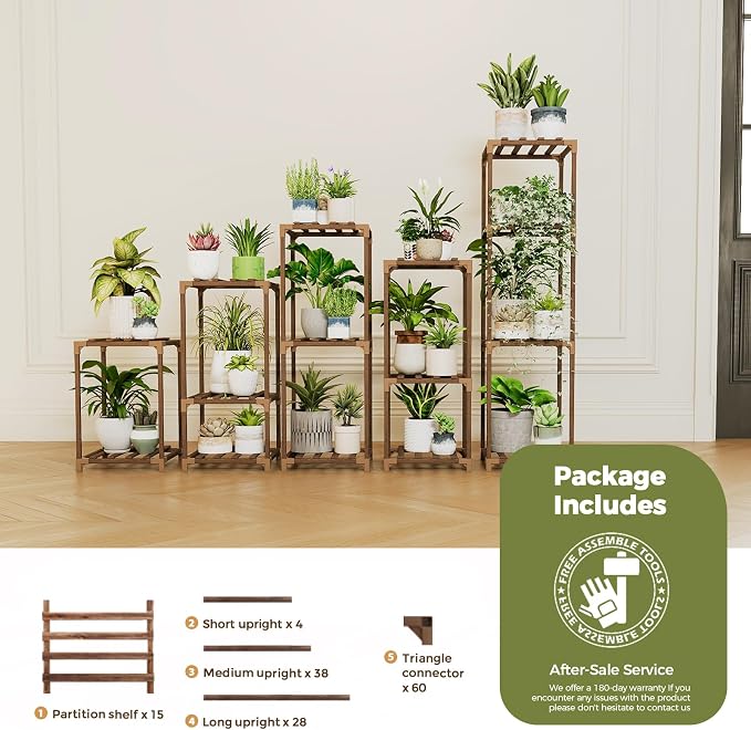Bamworld Plant Stands Indoor 5 Sets Plant Shelves Outdoor Wooden Plant Holder for Multiple Plants Flower Stands for Living Room Balcony Garden Patio Lawn Window