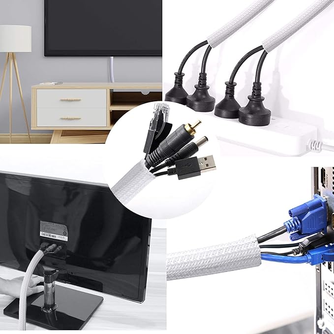 CrocSee 10ft - 1 inch Braided Cable Management Sleeve Cord Protector - Self-Wrapping Split Wire Loom for TV/Computer/Home Theater/Engine Bay - White