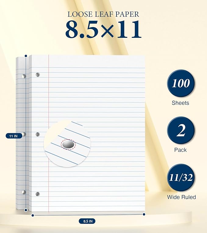 Wide Ruled Loose Leaf Paper, Notebook Paper, 8.5 x 11 Wide Ruled Paper, 3 Hole Punch Binder Paper, 200 Sheets Lined Paper for 3 Ring Binders, Writing Paper with Lines (2 Pack)