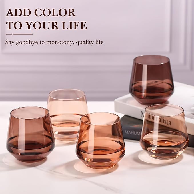 Venus Stemless Wine Glass Set of 6-14oz Wine Glasses, Stemless Drinking Glasses for Wine, Cocktails & Beverages - Elegant Glassware for Home, Bar & Holiday Use