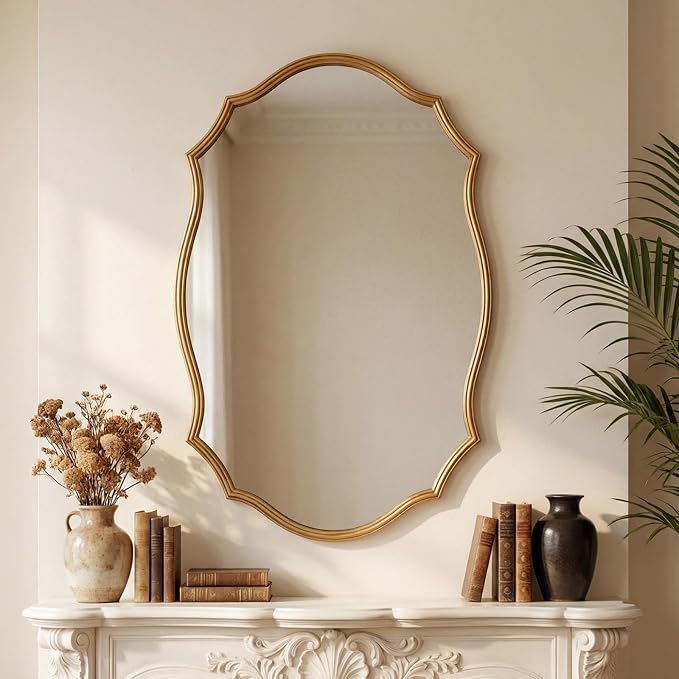 Wall Mirror with Metal Frame, 24" x 36" Antique Gold Ornate Vanity Mirror, Large Hanging Vintage Decorative Mirror for Bathroom, Entryway, Bedroom, Living Room