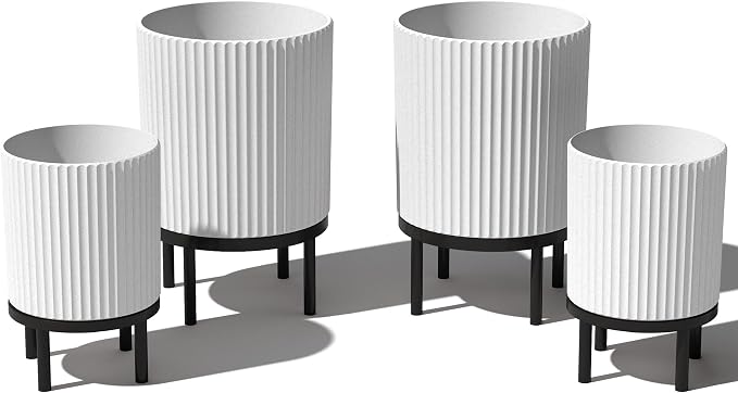 Veradek Demi Series Round Planter w/Stand for Porch/Patio | Durable Plastic-Stone Composite & Wooden Stand | Modern Décor for Tall Plants, Flowers
