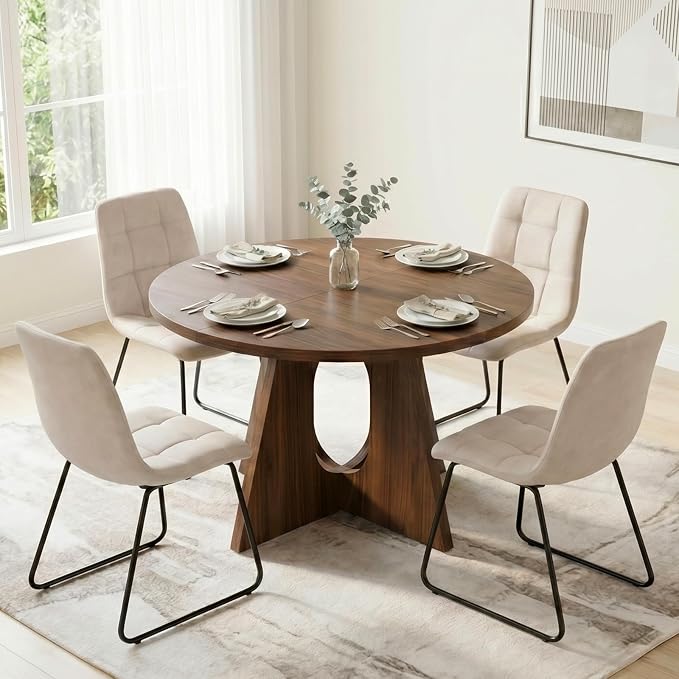 HIPIHOM Modern Round Expandable Dining Table Set for 6, 43.3"-59" Walnut Kitchen Table with 6 PU Leather Chairs, 7-Piece Mid-Century Dining Room Set
