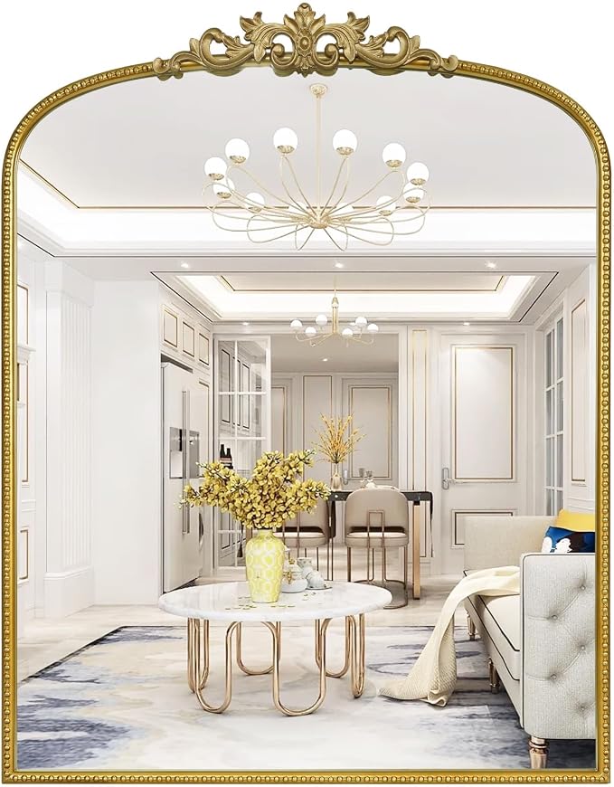 WallBeyond Gold Vintage Mirror for Vanity 28x36 Inch, Gold Antique Mirror with Ornate Frame, Arched Vintage Wall for Bathroom, Living Room, Fireplace, Entryway