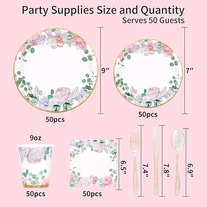 350 PCS Floral Plates and Napkins Party Supplies Serve 50 Flower Disposable Paper Dinnerware Sets for Adults Bridal Shower Decorations Baby Shower Birthday Wedding Engagement Tea