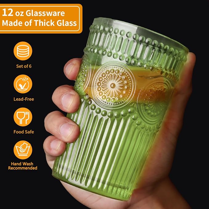 Loivttvv 6pcs Vintage Drinking Glasses Set, 12 oz Green Highball Glasses, Embossed Ribbed Glassware Cups for Cocktail, Water, Juice, Coffee, Whiskey