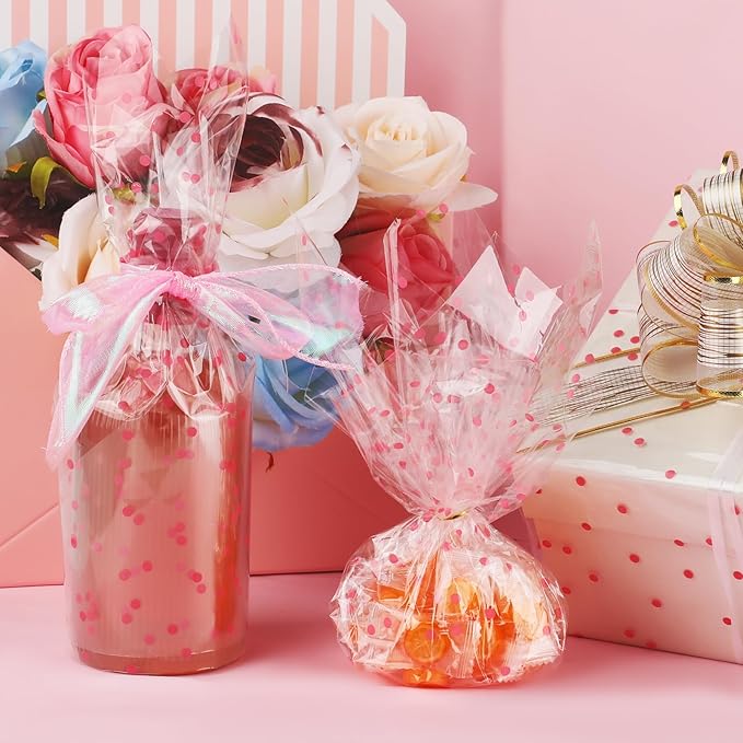 Motroce Clear Cellophane Wrap Roll, 100 Ft x 34 In Pink Dot Florist Paper Wrapper, Transparent 3Mil Thicker Cellophane Roll, Gift Baskets Wrap Cellophane Film for Gifts, Flowers, Christmas Wrapping