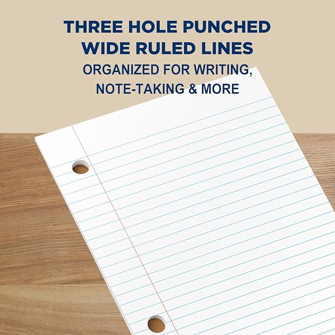 Woodlake Loose Leaf Paper, Wide Ruled Notebook Paper, 8 x 10.5”, 150 Sheets per Pack, 3 Pack Bulk Lined Filler Paper, 3 Hole Punched, 60gsm, Made in USA