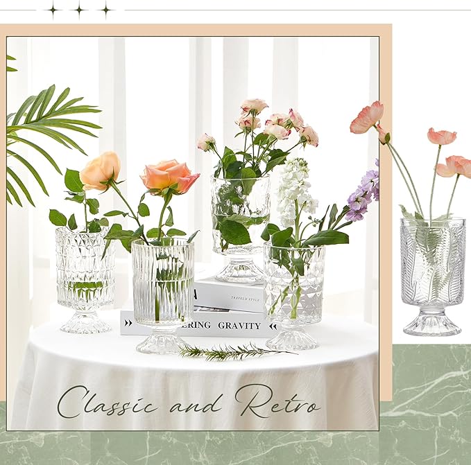 9 Set (H:7 Inch W:4 Inch) Flower Crystal Glass Vases Embossed Pedestal Vases for Centerpieces Hydroponic Glass Transparent Bottle for Home Office Wedding Dining Table Party(Clear)