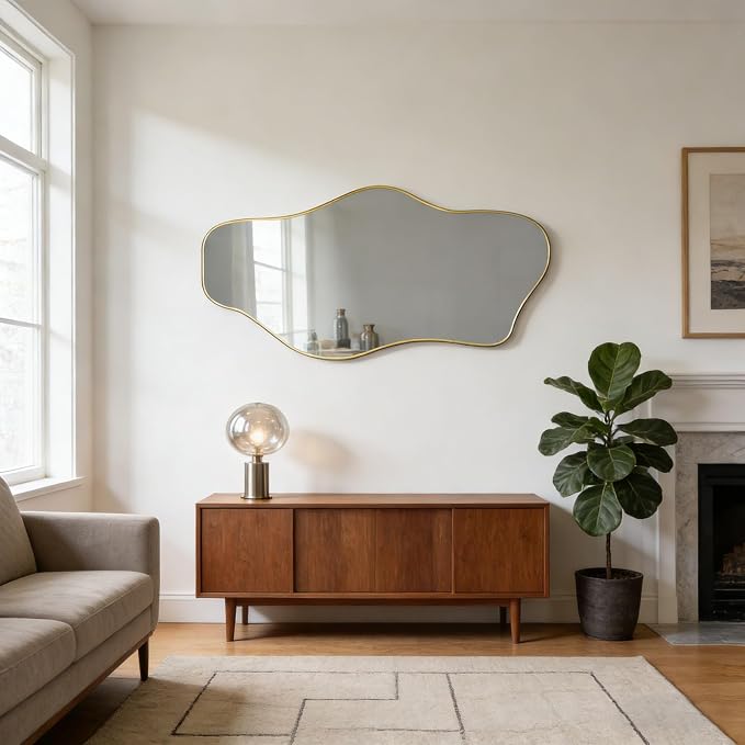 Irregular Wall Mirror, 47.2"x24" Gold Asymmetrical Tempered Glass Mirror, Frameless Organic Shaped Mirrors for Entryway Bedroom Living Room Bathroom, Horizontal or Vertical Hanging